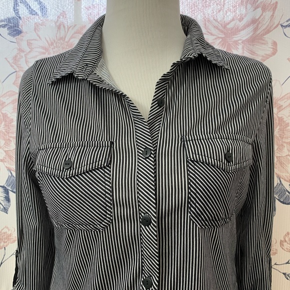 Mind Code |Striped Quarter Sleeve Button Down Top - Picture 3 of 6